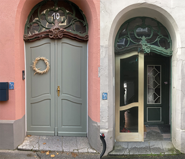 Haustür vorher und nachher: rekonstruierte Türflügel unter dem originalen Rokoko-Oberlicht